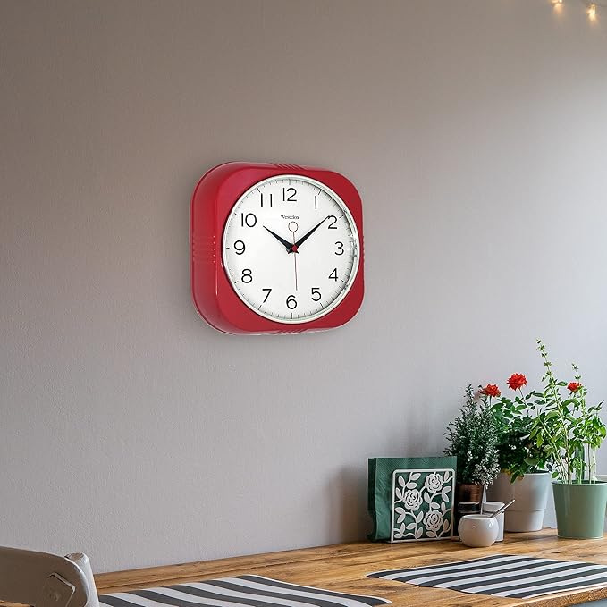 Westclox Retro Wall Clock Vintage 1950s Vintage Wall Clock for Kitchen Decor with Large 9.5" Display & Quiet Ticking | 50's Mid Century Retro Clock for Kitchen or Living Room | Red/Square