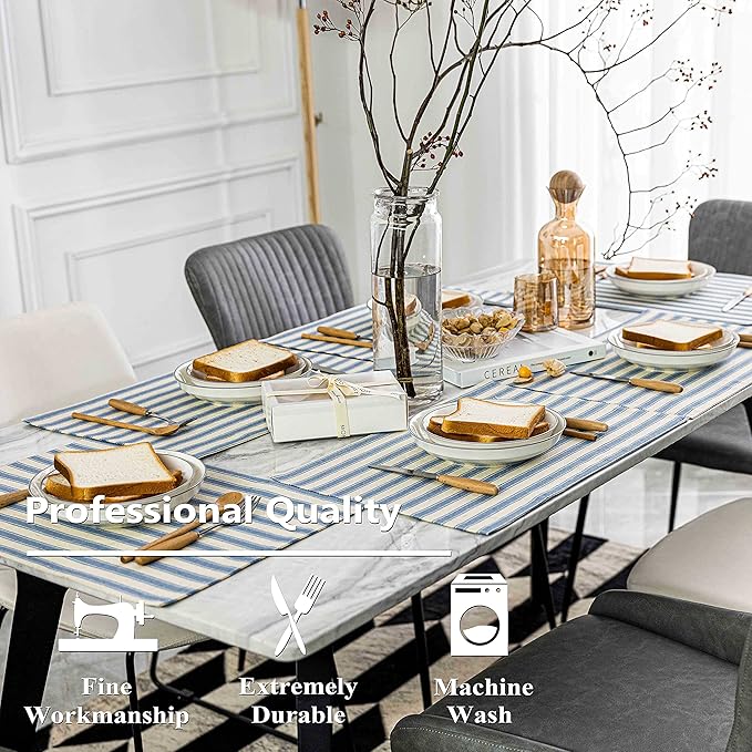 Home Brilliant Placemats Set of 6 Heat Resistant Dining Table Place Mats for Kitchen Table Non Slip Easy to Clean Wipeable Washable Place Mats, 13 x 19 inches, Stripes, Dusk Blue
