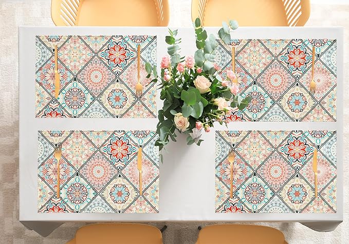 Table Placemats Set of 4 Boho Place Mats Linen Wipeable Placemats Heat Resistant Washable Placemats Fabric Waterproof Rectangle Table Mat for Kitchen Dining Dinner 18 X 12 Inch, Boho