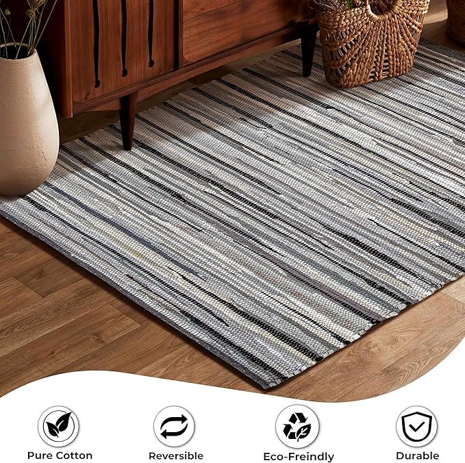 Rug Area Rugs Cotton Charcoal 3x5 Ft Multicolour Chindi for Livingroom Bedroom Washable RagRug Reversible Farmhouse Kitchen RunnerRug Carpet Area Runner Mat for Hallway, Entryway