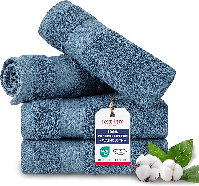 TEXTILOM Washcloths for Body and Face – Hotel and Spa Quality & Soft & Absorbent & Quick Dry Wash Cloths for Your Body – 100% Turkish Cotton Wash Clothes Towel Set of 4 (13 x 13 inches) - Blue
