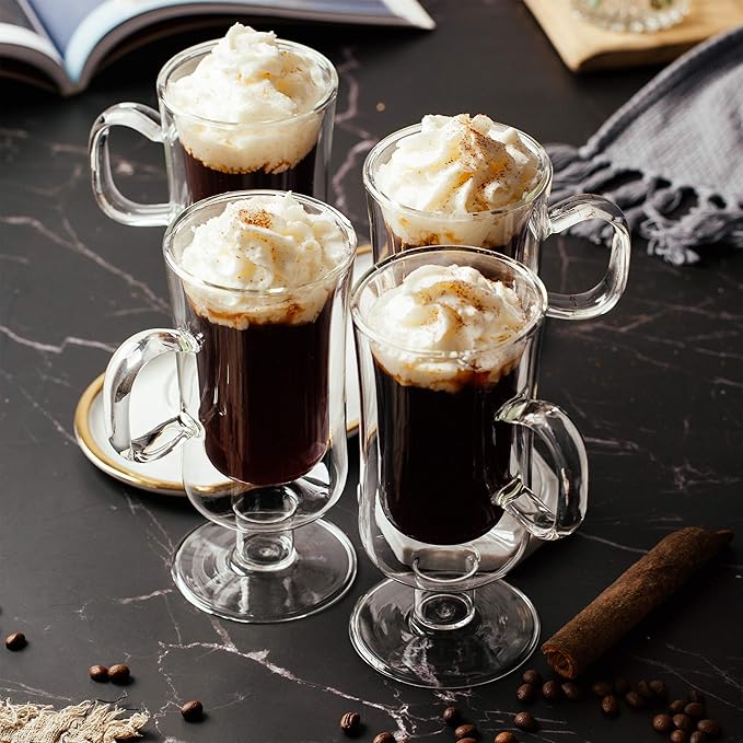 BTaT- Irish Coffee Mug, Coffee Glass, Set of 4 (10oz, 300ml), Double Wall Glass Irish Coffee Cup, Tea Cups, Latte Cups, Glass Coffee Mug, Beer Glasses, Latte Mug, Clear Mugs, Christmas Gifts