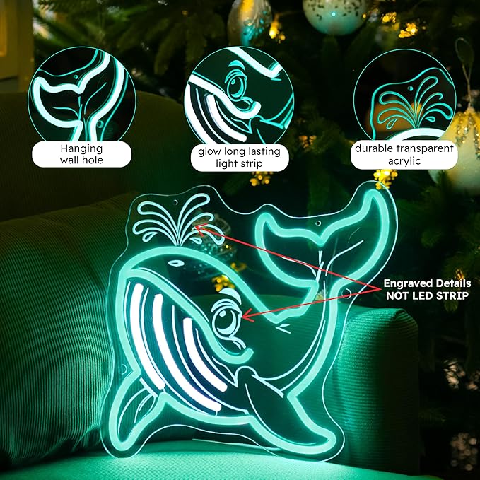 TUMPLERA Whale Neon Sign, Night Light For Kids, Whale Decor, Ocean Decor, Under The Sea Party Decorations, Ocean Party Decorations, Gift For Kids Room