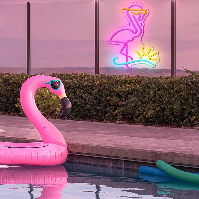 Flamingo Neon Sign Dimmable Flamingo Led Neon Lights Sun Wave Neon Signs for Bedroom Living Room Restaurant Man Cave Bar Club Party Decoration Gift