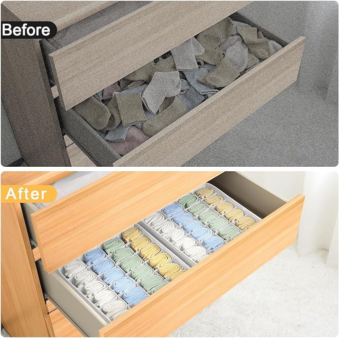 Joyoldelf Sock Organizer Drawer Organizer - Underwear Organizer, 24 Cell Collapsible Closet Organizers and Storage Sock Holders Organizers for Storing Socks, Ties, Belts 6 Pack White