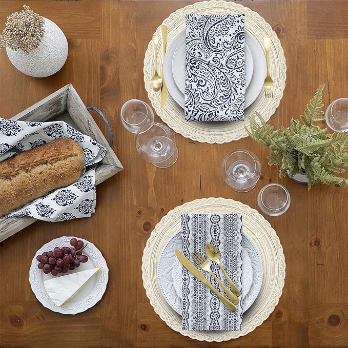 SHACOS Round Placemats Set of 4 Boho Braided Border Place Mats for Dining Tables Wedding Holiday Party (Ivory Bordered, 4)