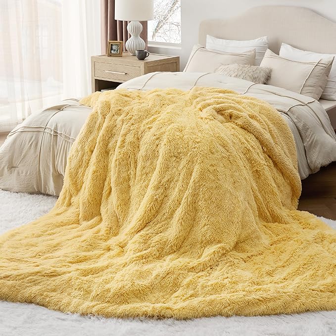 Bedsure Fluffy Yellow Blankets Queen Size for Bed, Thick Sherpa Faux Fur Fleece Fuzzy Plush Winter Warm Heavy Soft Full Queen Blankets, Bedroom Decor Yellow Gifts Cozy Gifts for Women Men, 90x90