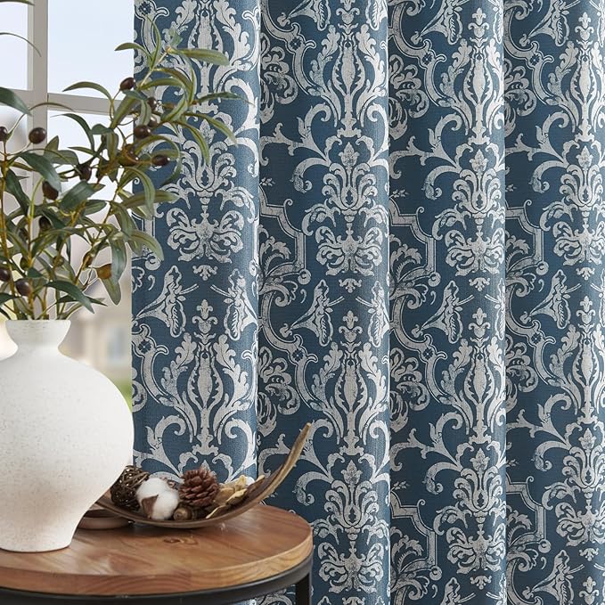 jinchan Room Darkening Curtains for Bedroom Blue Damask Patterned Curtains 96 Inch Length for Living Room Linen Textured Vintage Drapes Medallion Window Treatments Grommet Top 2 Panels Set