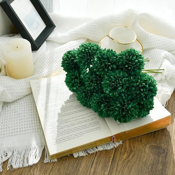 Mandy's Dark Green Artificial Ball Chrysanthemum 12 Stems Faux Flowers with Bendable Stems for DIY Wedding Centerpiece Fall Decor Home Arrangements