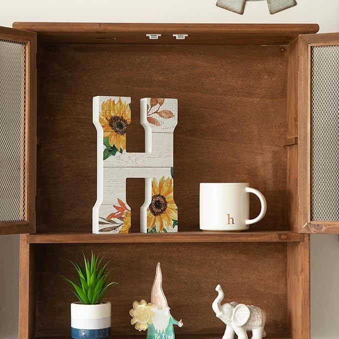 COLLECTIVE HOME - 10" Wood Lettes for Wall Decor, Sunflower Tabletop Alphabet Decoration, DIY Farmhouse Decor, Rustic Freestanding Monogram Block (H)