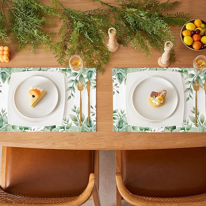 QIYI Boho Placemats Set of 4, 12x18 Inch Linen Fabric Place Mats for Kitchen Dinning, Farmhouse Rustic Cloth Table Mats, Washable Placemat Watercolor Foliage Party Table Décor, Green Leaves Border