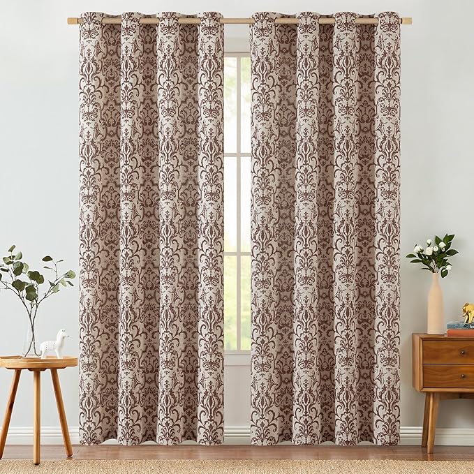 jinchan Linen Curtains for Bedroom Brown Damask Patterned Curtains 84 Inches Long for Living Room Light Filtering Vintage Curtains Baroque Style Drapes Grommet Window Treatments 2 Panels Set