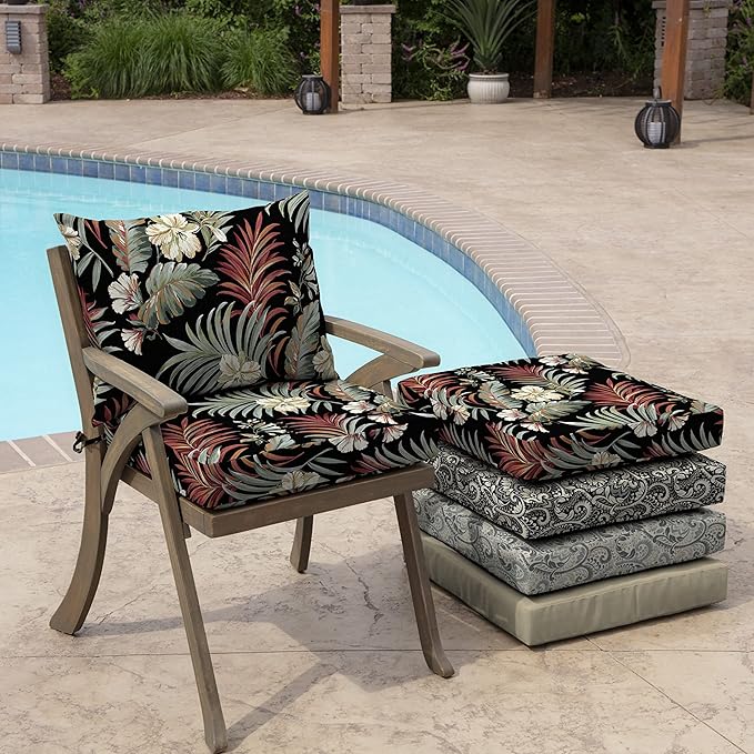 ARDEN Outdoor Dining Chair Cushion, 21 x 21, Rain-Proof, Fade Resistant Simone Black Tropical