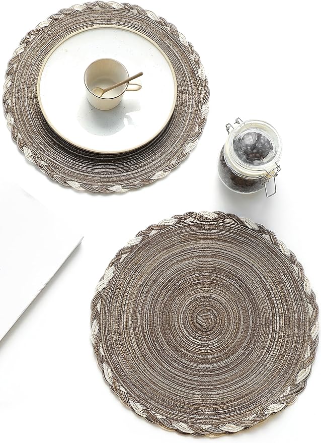 Floroom 15 Inch Round Braided Placemats Set of 4, Washable Heat Resistant Cotton Polyester Circle Place Mats for Kitchen Dining Table - Multicolor Earth Taupe