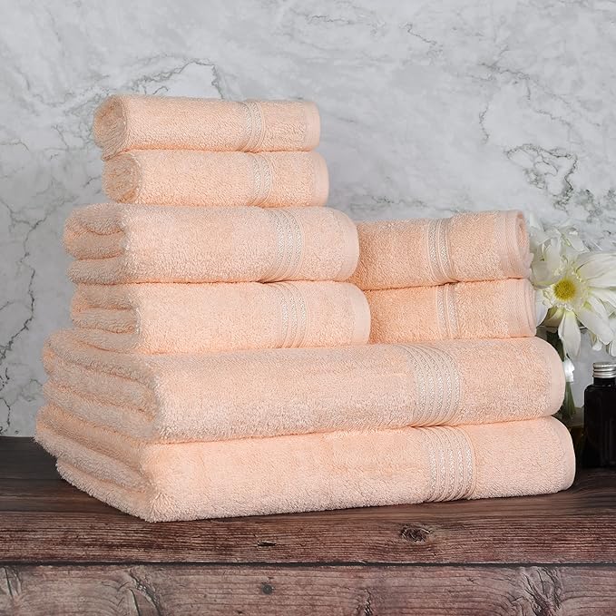 Superior Egyptian Cotton 8-Piece Towel Set, Assorted Towels for Home Bathroom, Guest Bath Decor Essentials, Includes 2 Bath, 4 Hand, 2 Face Towels/Washcloths, Quick Dry, Absorbent, Peach