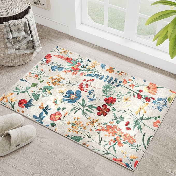 Beige Area Rug 2x3 Entryway Floral Boho Door Mat Indoor Washable Kitchen Carpet Non Slip Bedroom Lightweight Low Pile Accent Rug for Bathroom Living Room Office Dining Room