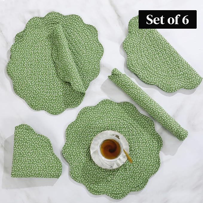 HOMBYS Quilted Placemats Set of 6 Washable Round Placemats for Kitchen Table-100% Cotton Fabric 13 Inch Round Table Mats, Cotton Fabric with Microfiber Filling, (13"x13",Green & White Flower)