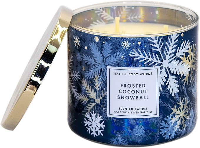 White Barn Bath and Body Works, 3-Wick Candle w-Essential Oils - 14.5 oz - 2020 Holidays Scents (Frosted Coconut Snowball), White Soy Wax, Blue and White Jar Print, Gold Lid, Transparent Glass