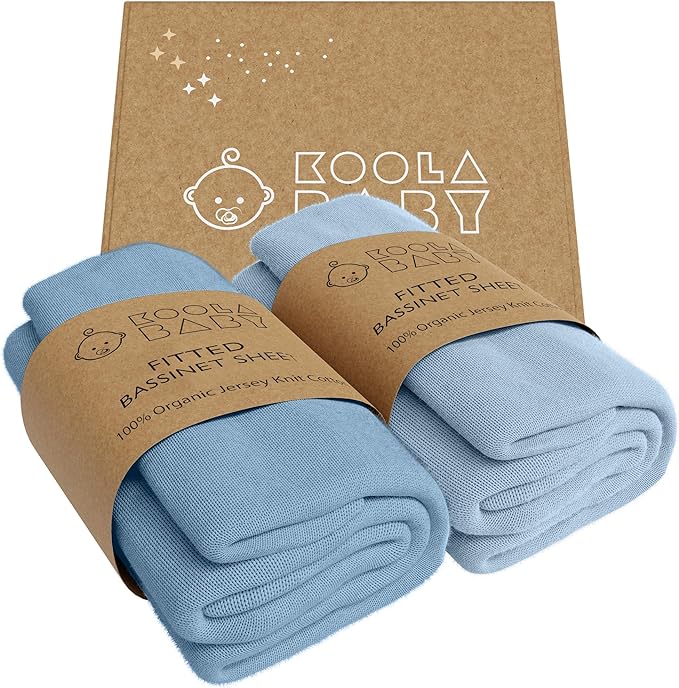Bassinet Fitted Sheets - Compatible with Amke, Ronbei, Pamobabe, and Nordmiex | 100% Organic Jersey Cotton - Light Blue + Dark Blue | 32x19 (2 Pack)