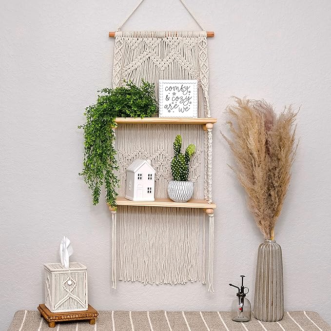 SnugLife 2 Tier Macrame Wall Hanging Shelf with Woven Rope - Boho Pine Wood Shelves for Plants, Bathroom, Kitchen