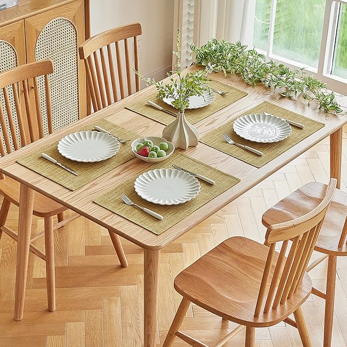 Softalker Faux Linen Placemats Set of 12-12 x 18 Inch, Heat Resistant Double Layered Durable Burlap Farmhouse Place Mats, Non-Slip Washable Rustic Table Mats for Dining, Kitchen, Party(Khaki