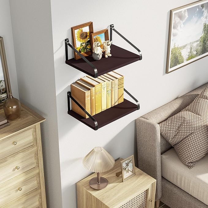 Love-KANKEI Floating Wall Shelves Mount Solid Wood with Enough Storage L16.5 x W12 inch for Kitchen Living Room Bathroom Bedroom Set of 2 Dark Walnut