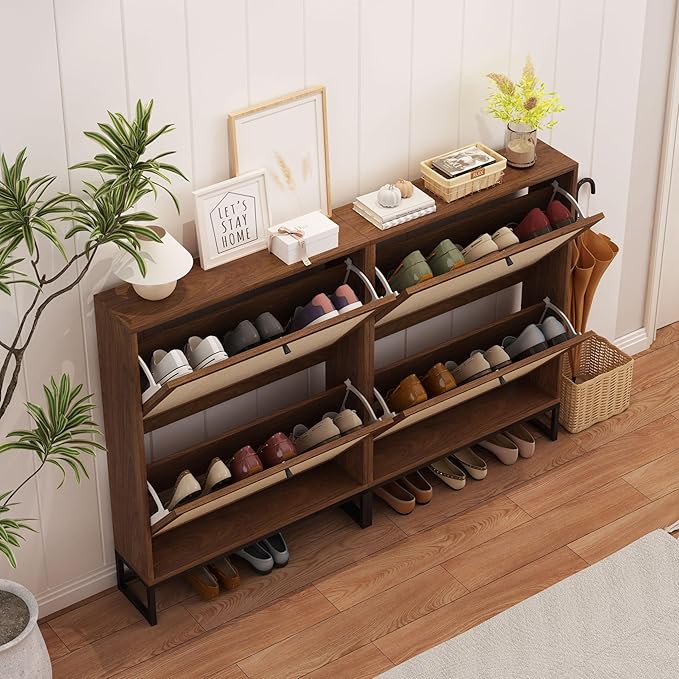 AVZEAR Freestanding Shoe Organizer with 2 Flip Drawer Doors, Entryway & Closet Shoe Storage, Linen Doors, Walnut