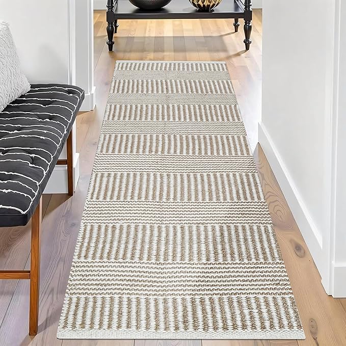 Bedding Craft Jute Cotton Stripe Area Rug Runner for Living Room 24x72 Inch - Natural Ivory - Machine Washable 2x6 Feet Rugs - 70% Jute and 30% Cotton