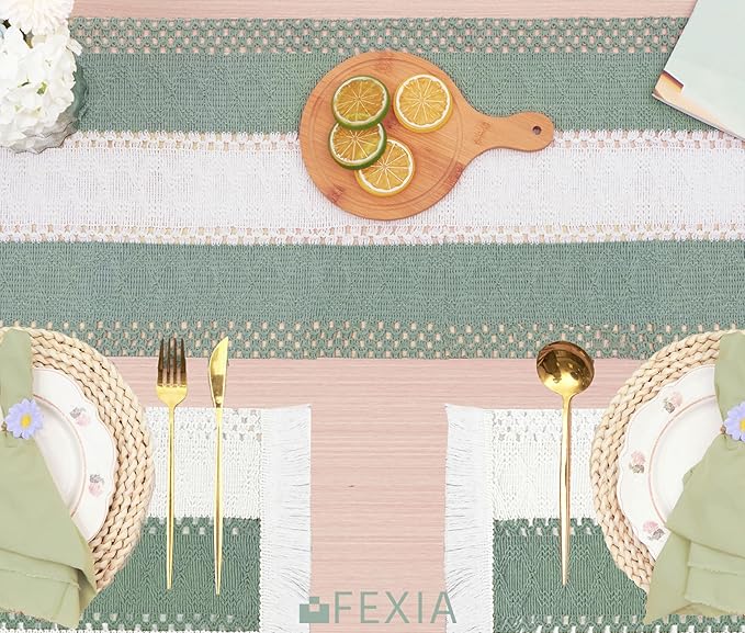 FEXIA Sage Green Boho Placemats Set of 4, Macrame Table Decor and Farmhouse Style Placemats Natural Cotton Burlap, for Dining Table
