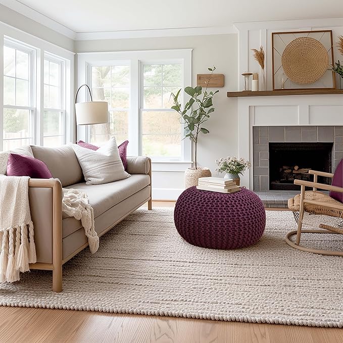 COTTON CRAFT Round Pouf - Hand Knitted Cotton Braid Cord Cable Dori Ottoman - Foot Stool - Floor Pouf Footrest Accent Seat Furniture Bean Bag - Living Room Kids Room Nursery Dorm Décor - 20x14 - Plum