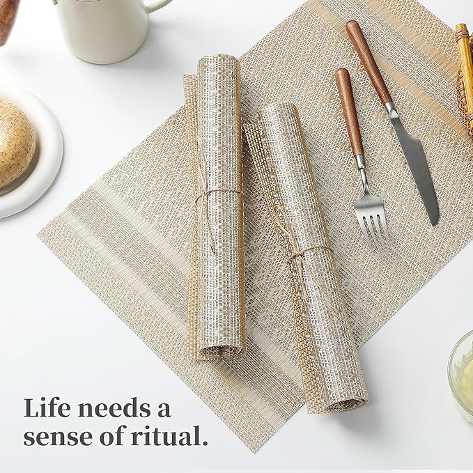 Leetaltree Stardust Yellow Placemats Set of 12 - Heat Resistant Non-Slip Place mats for Dining Table, Washable Durable PVC Vinyl Woven Table Mats(Stardust Yellow, 12)