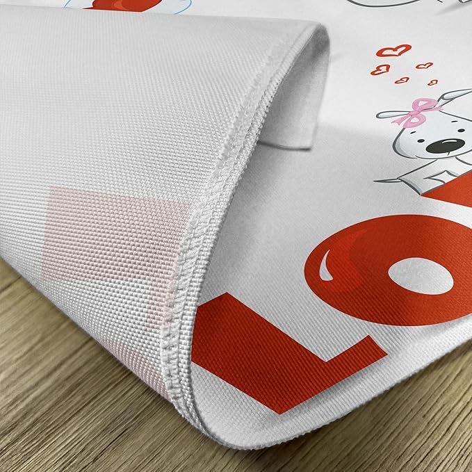 Ambesonne Valentines Day Place Mats Set of 8, Puppy Love Hearts and Dogs His Hers Heart Balloon Romantic Print, Washable Fabric Placemats for Dining Table, Placemat 8 pcs, Red White