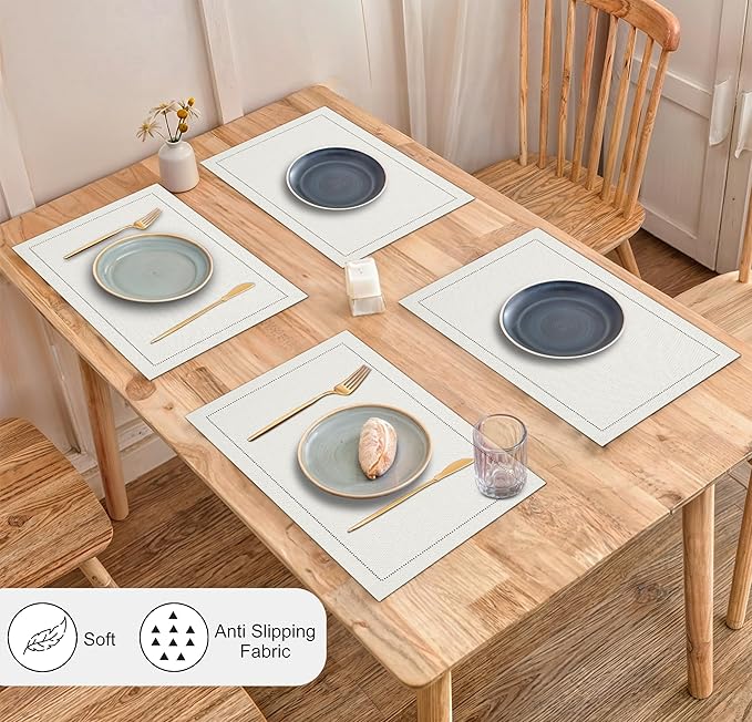Ruvanti Linen Placemats Set of 6-13x19 Inch, Classic Hemstitch, Heat Resistant Machine Washable Place Mats, Soft & Elegant- Perfect for Christmas, Thanksgiving, Easter, Weddings, Dinner - Ivory