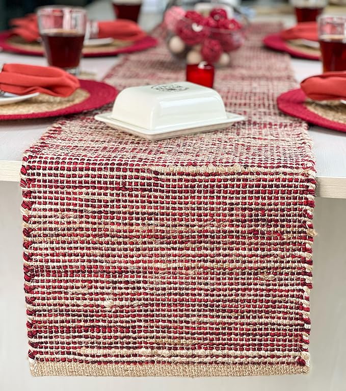 Chardin home Natural Jute Table Runner - 13x108 Inch. Rustic Farmhouse Style - Colors: Natural Jute and Red