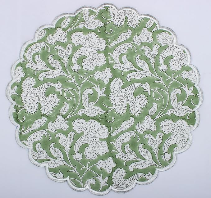 Ridhi Bo-ho Round Place Mat Double Layer Floral Cotton Washable Placemats 15" Round Embroidery Block Print Table Mat (Pack of 4-15 Inch Round, Sage Green)