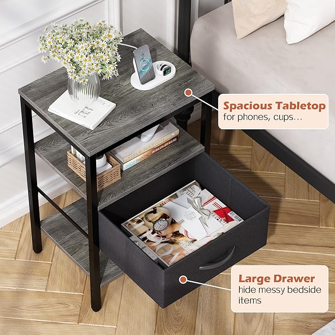SUPERJARE Nightstand Set of 2, Bed Side Tables with Charging Station, Adjustable Fabric Drawer, Night Stand for Bedroom, 3-Tier Storage End Tables, for Living Room - Charcoal Gray 8030HC