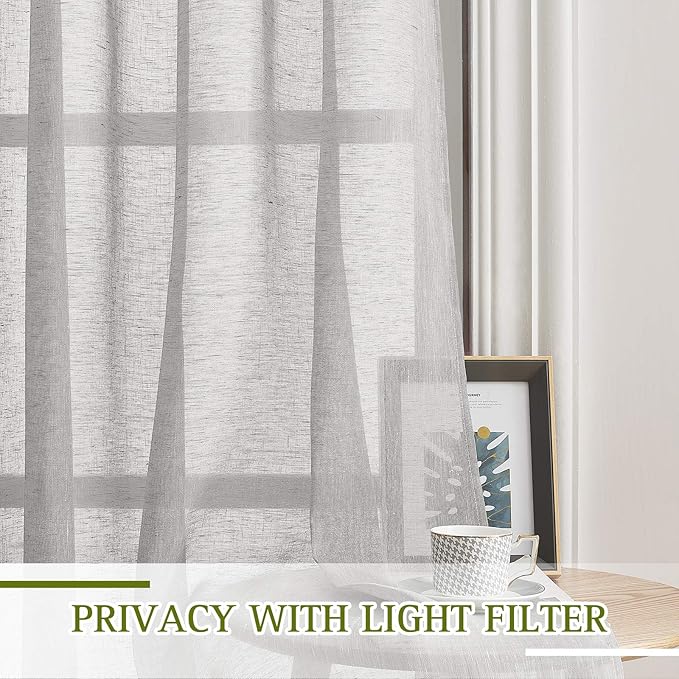 NICETOWN Flax Sheer Linen Curtains Privacy Protection for Bedroom, Retro Style Semitransparent Textured Sheer Curtain Drapes Light Filter with Grommet Top, Grey, W52 x L45, Sold as 2 PCs