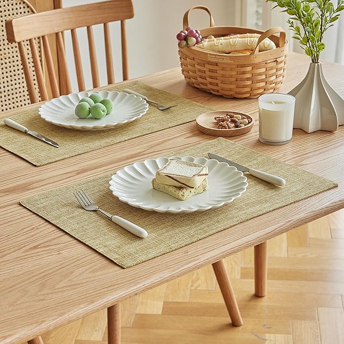 Softalker Faux Linen Placemats Set of 12-12 x 18 Inch, Heat Resistant Double Layered Durable Burlap Farmhouse Place Mats, Non-Slip Washable Rustic Table Mats for Dining, Kitchen, Party(Khaki