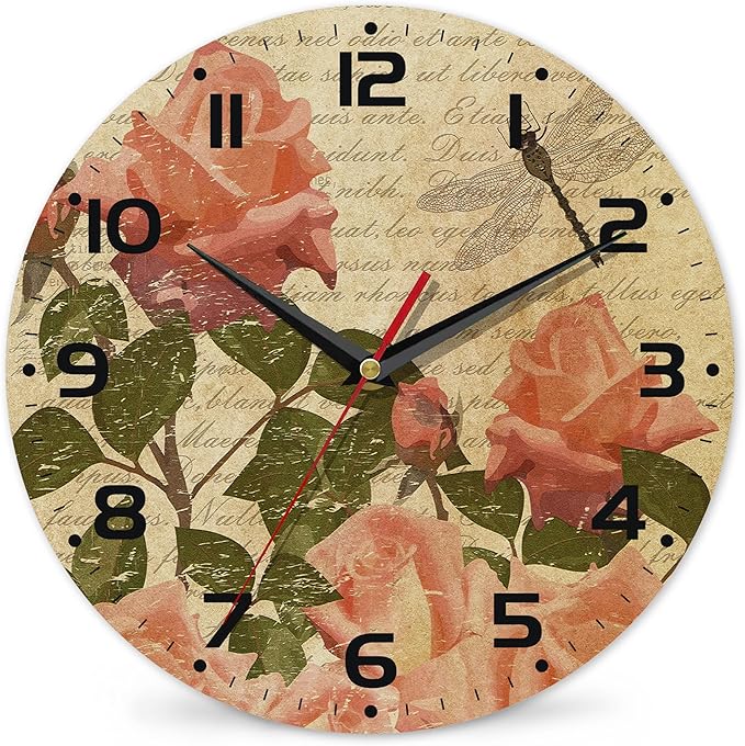 Wall Clock, Vintage Flowers with Roses and Dragonfly Wall Clock Silent Non-Ticking Battery Operated Clock 10 Inch, Home Decor for Living Room, Kitchen, Bedroom and Office