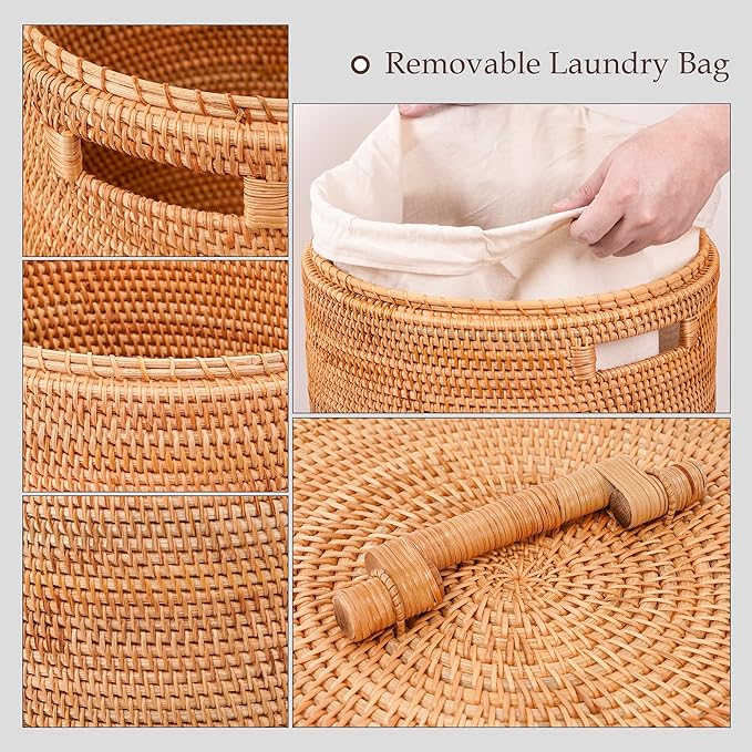 Rattan Laundry Hamper With Lid, Rattan Laundry Basket With Removable Liner Bag Handles (13.8" L×13.8"W×15.7"H)