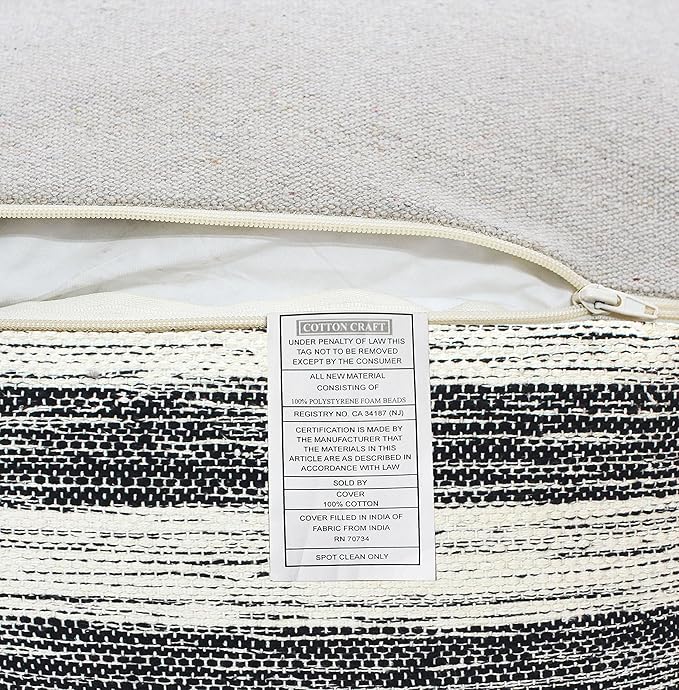 COTTON CRAFT Handwoven Stripe Dhurrie Pouf - Ottoman Foot Stool Bean Bag - Dorm Bedroom Home Décor Accent Seating - Boho Modern Comfortable Prefilled Cotton Pouf Footrest - 16 inch Square - Black