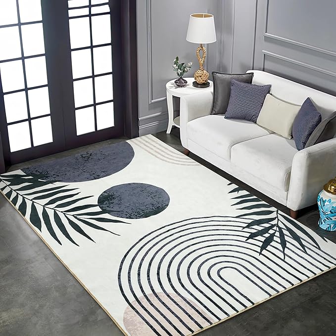 RoomTalks Mid Century Modern Living Room Rug Washable 5x7 Rug, Black Boho Cute Aesthetic Area Rugs Carpet for Bedroom Dining Room Office, Vintage Abstract Leaves Thin Indoor Entryway Rug Carpet