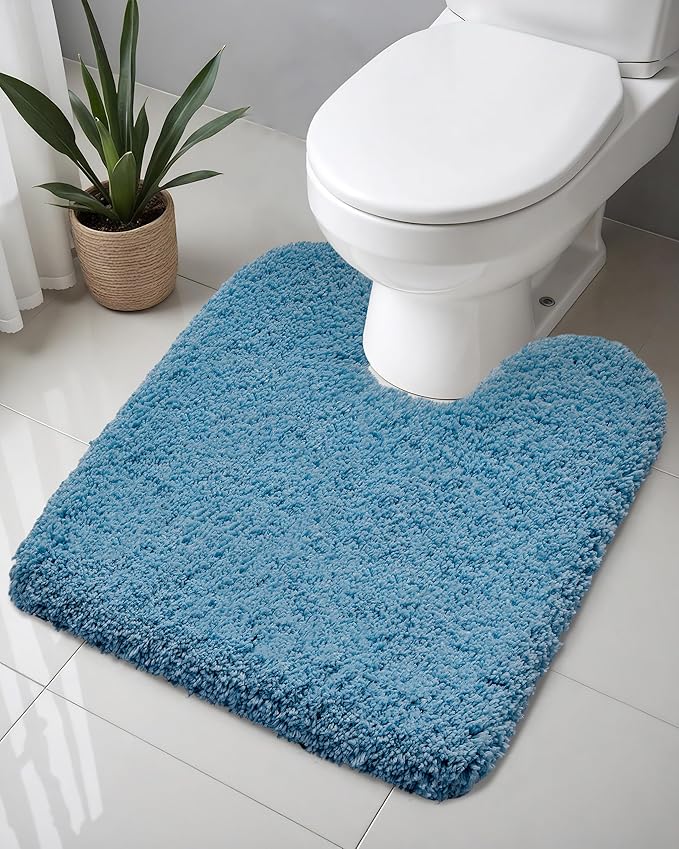 ILANGO Blue Toilet Rugs U Shaped 22" × 24" Non Slip & Super Absorbent Extra Thick Soft, Washable Bath Mats for Bathroom Floor, Microfiber Plush Shaggy Contour Bath Rugs for Toilet,Dry Quick