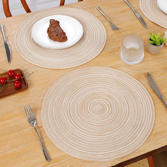 SHACOS Round Braided Placemats Set of 4 Round Table Mats for Dining Tables 15 inch Washable Kitchen Table Place Mats Indoor (Beige, 4)