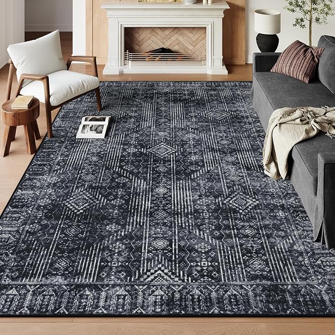 Lahome Black Modern Rugs for Living Room 8x10, Washable Geometric Rug for Bedroom, White and Black Soft Non-Slip Carpet Rug for Office Dining Room Home Apartment