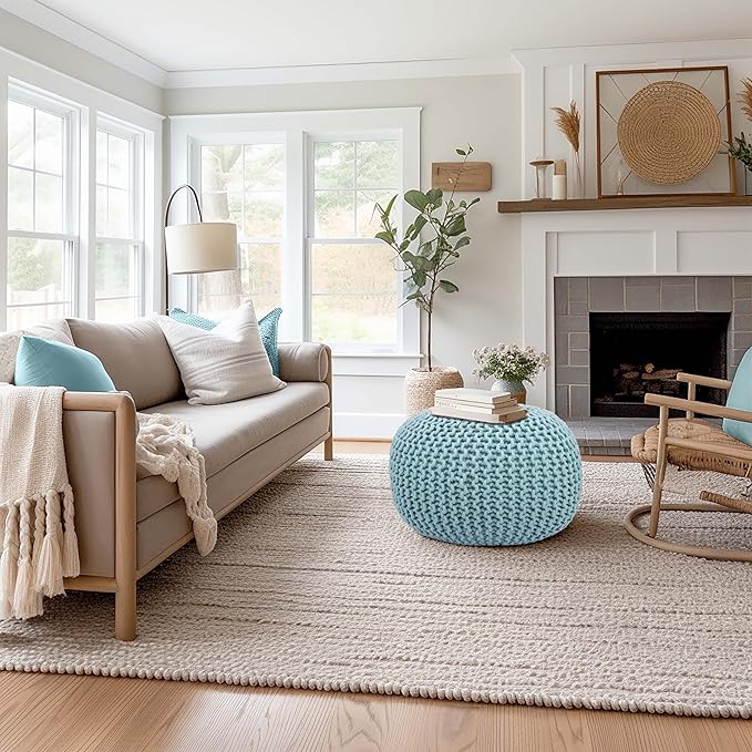 COTTON CRAFT Round Pouf - Hand Knitted Cotton Braid Cord Cable Dori Ottoman - Foot Stool - Floor Pouf Footrest Accent Seat Furniture Bean Bag - Living Room Kids Nursery Dorm Décor - 20x14 - Light Blue