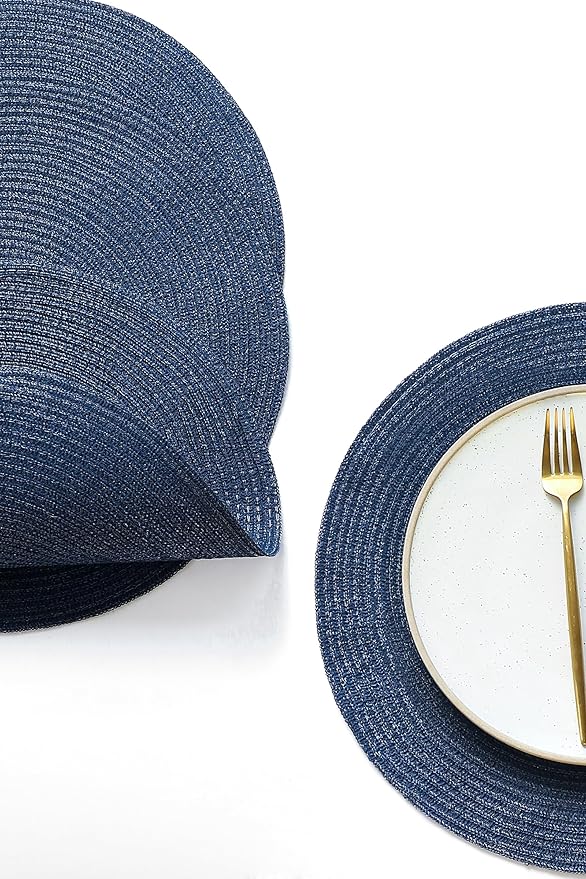 Floroom 15 Inch Round Braided Placemats Set of 4, Washable Heat Resistant Cotton Polyester Circle Place Mats for Kitchen Dining Table - Navy Blue