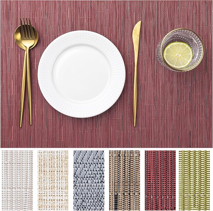 LEXMORE PVC Woven Placemats 4 PCS Wipeable Indoor/Outdoor Table Mats Washable Vinyl Place Mats for Dining Table, Set of 4-Burgundy