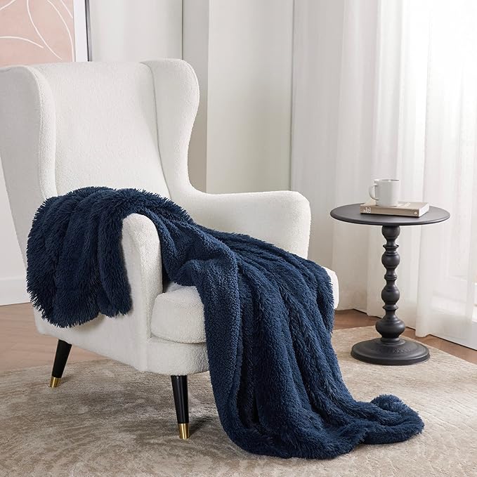 Bedsure Fluffy Navy Blue Throw Blanket Gifts for Women, Men, Soft Fleece Cozy Fuzzy Sherpa Plush Warm Minky Thick Faux Fur Throws for Couch, Navy Blue Decor House Blanket Gifts for Her, 50x60