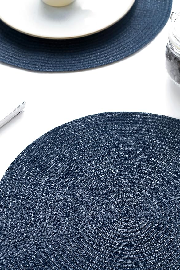 Floroom 15 Inch Round Braided Placemats Set of 4, Washable Heat Resistant Cotton Polyester Circle Place Mats for Kitchen Dining Table - Navy Blue